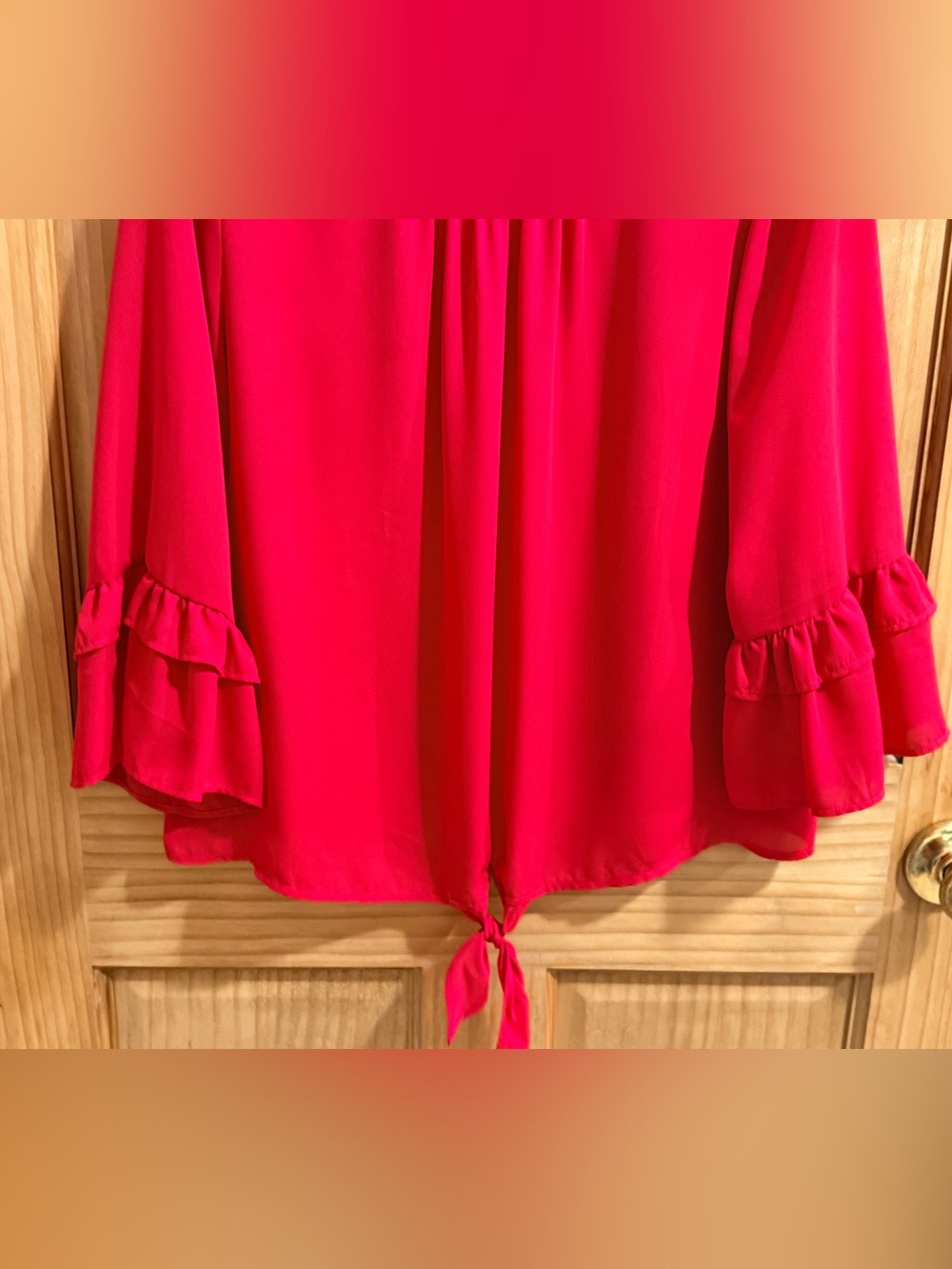 Lily White Tomato Red Tie-Front Ruffle Sleeve Blouse-XL-EC - Picture 5 of 12